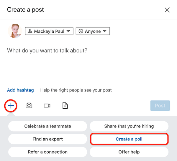 LinkedIn Vytvořte dialogové okno Příspěvek s možností Vytvořit anketu