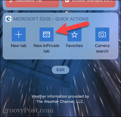 Klepněte na Nová karta InPrivate na widgetu Edge v iOS