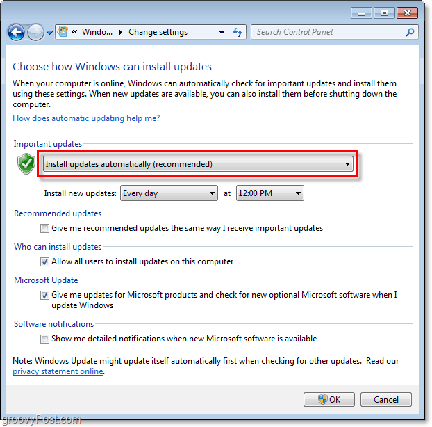 Windows 7 - Screenshot nabídky aktualizace systému Windows Update