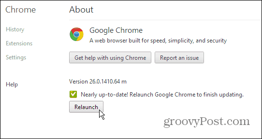 O stránce Google Chrome - aktualizace a opětovné spuštění
