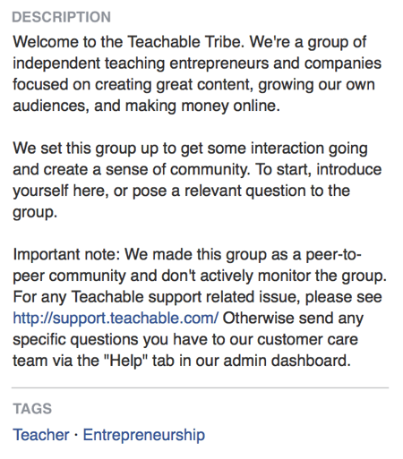 V popisu skupiny na Facebooku Teachable přímo uvádí, že její skupina na Facebooku je o vytváření komunity.