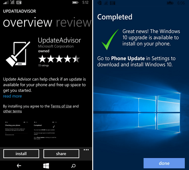 aktualizace a upgrade aplikace poradce aplikace Windows telefon