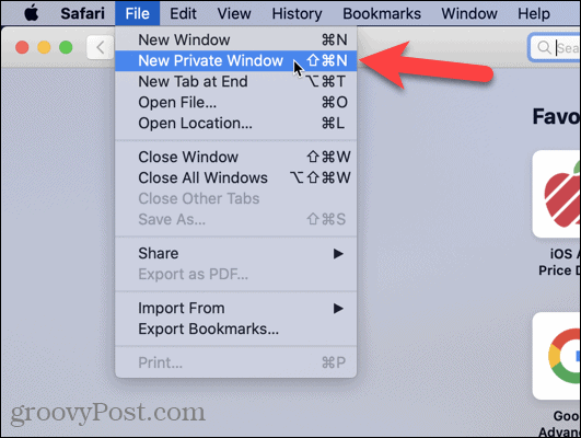 Vyberte nové soukromé okno v Safari na Macu
