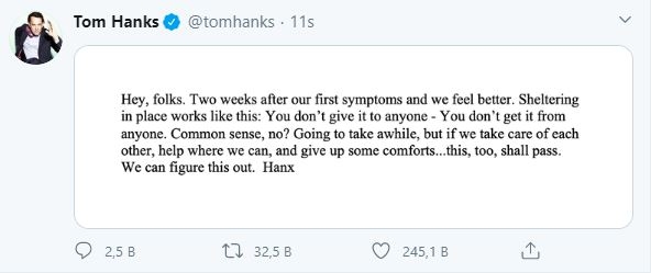 Tom Hanks se uzdravil