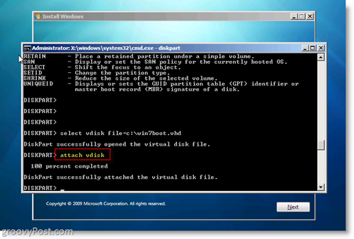 Windows 7 Nativní VHD Nainstalujte Dual Boot Připojte VHD z výzvy CMD