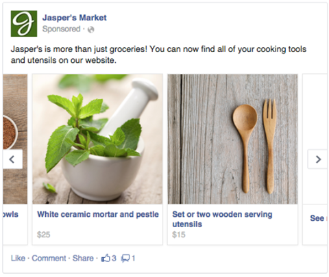 Příklad reklamy na více produktů na facebooku