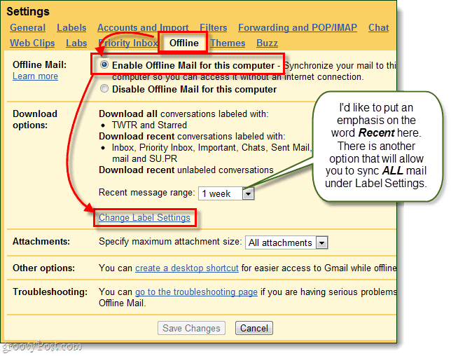 gmail povoluje offline mail pro počítač a mění nastavení štítků