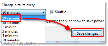 nastavit rychlost otáčení pozadí systému Windows 7 na 10 sekund a uložit, po dokončení ji změnit zpět