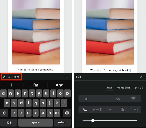 Vytvořte příběh 5 Rozbalit Instagram zobrazující možnosti úprav textu.