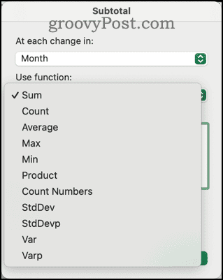 Různé funkce dostupné v dialogu Mezisoučet v Excelu