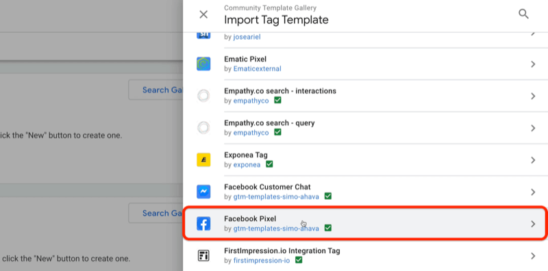 galerie komunitních šablon správce značek Google importovat nabídku šablony značek s ukázkovými šablonami ematického pixelu, značky exponea, chatu se zákazníkem na Facebooku, mimo jiné se zvýrazněným facebookovým pixelem