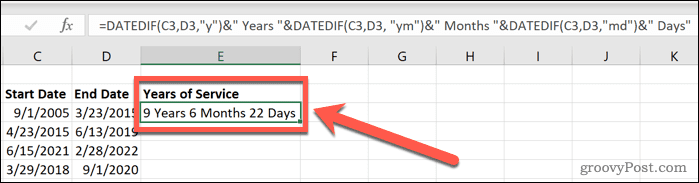Excel datováno roky, měsíci a dny služby