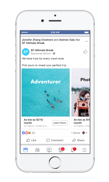 Facebook zavedl nový typ dymanické reklamy na cestování s názvem výletní úvaha.