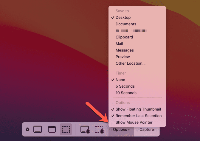 Možnosti lišty snímků obrazovky Mac