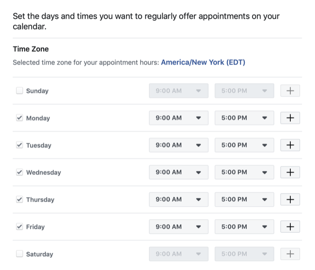 nastavit data a časy, které jsou k dispozici pro rezervaci schůzky na stránce Facebook