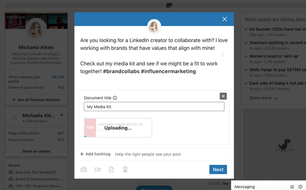 Příspěvek na sdílení dokumentů na LinkedIn, nahrajte dokument do organického příspěvku, krok 2, přidejte název dokumentu, text a hashtagy
