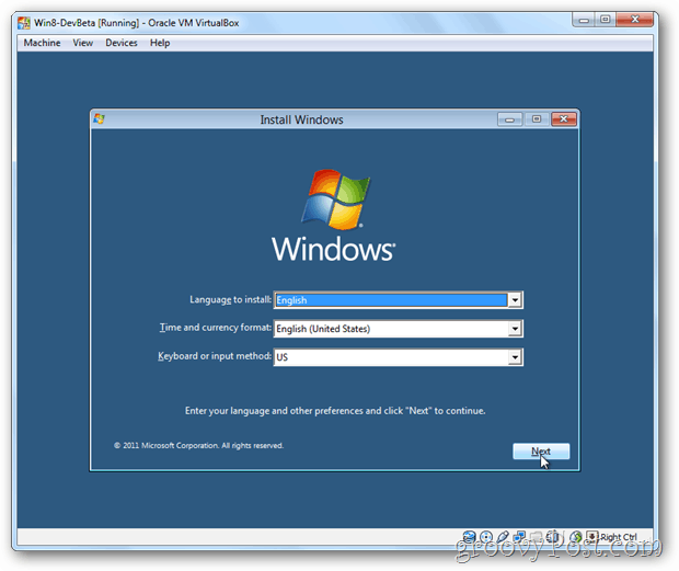 Nabídka instalace VirtualBox Windows 8