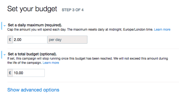 Nastavte rozpočet reklamy na Twitteru.