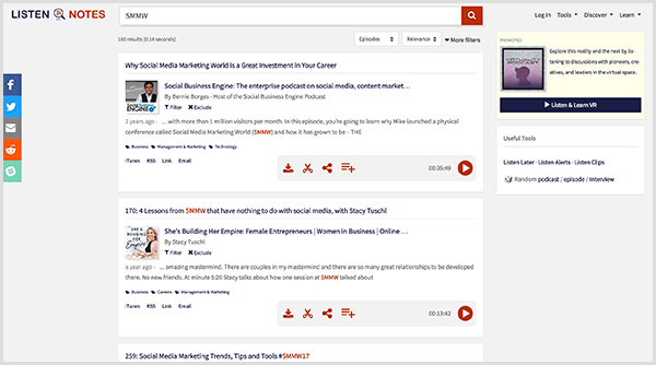 Listen Notes je nástroj pro hledání podcastů. Hledání výrazu SMMW vrátí dlouhý seznam výsledků podcastů, které pojednávají o světě sociálních médií.
