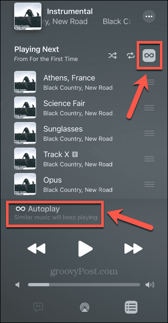 ikona automatického přehrávání hudby apple zapnutá