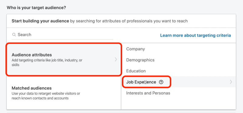 snímek obrazovky Kdo je vaše publikum? sekce v nastavení kampaně LinkedIn
