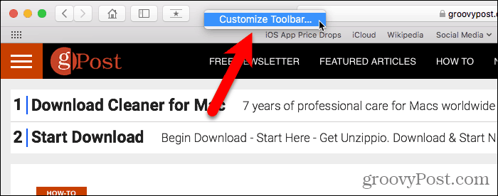 Vyberte možnost Přizpůsobit panel nástrojů v prohlížeči Safari pro Mac