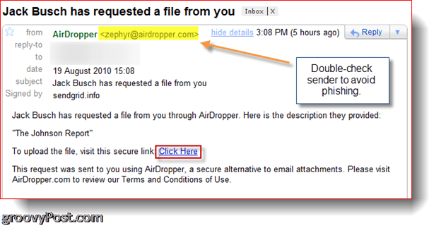 AirDropper Dropbox - e-mail požadující soubor