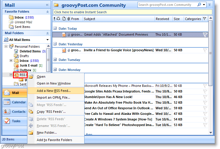 Screenshot Microsoft Outlook 2007 Přidat nový RSS kanál