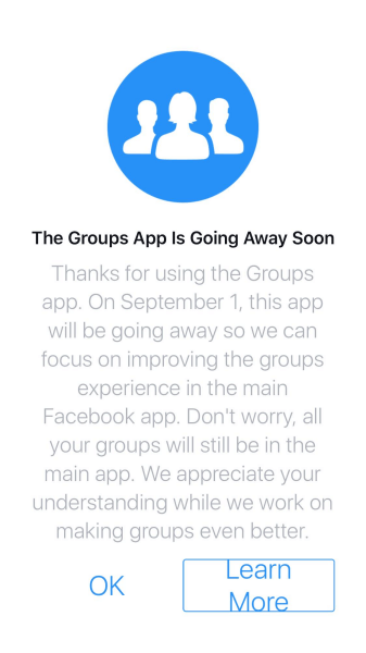 Facebook po 1. září 2017 ukončí používání aplikace Skupiny pro iOS a Android.