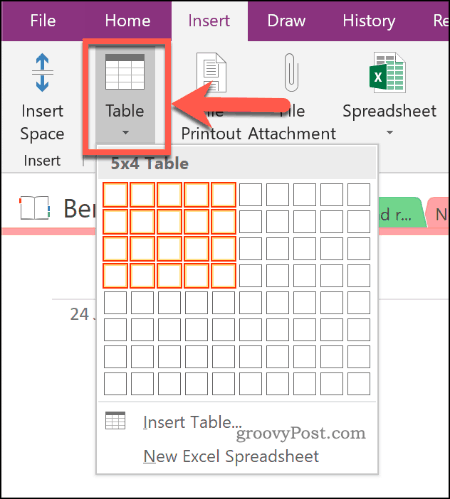 Vložení nové tabulky do OneNote