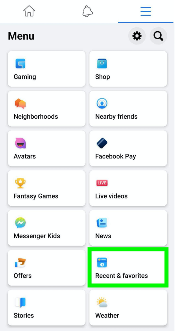 obrázek nabídky Facebooku s možností Nedávné a oblíbené