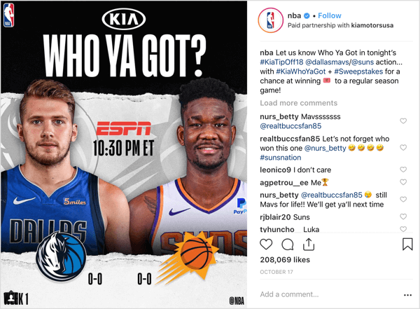 NBA se spojila se sponzorem Kia Motors, aby na začátku sezóny rozdávala lístky na hru na Instagramu.