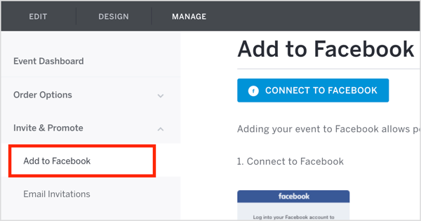 Na kartě Na správě Eventbrite klikněte na Pozvat a propagovat a v rozevírací nabídce vyberte Přidat na Facebook.