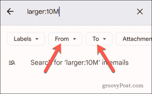 Nastavení dalších vyhledávacích kritérií pro vyhledávání v Gmailu na mobilu