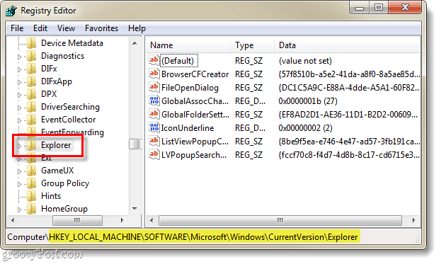 v registru systému Windows 7 vyhledejte klíč registru týkající se aktuální verze průzkumníka