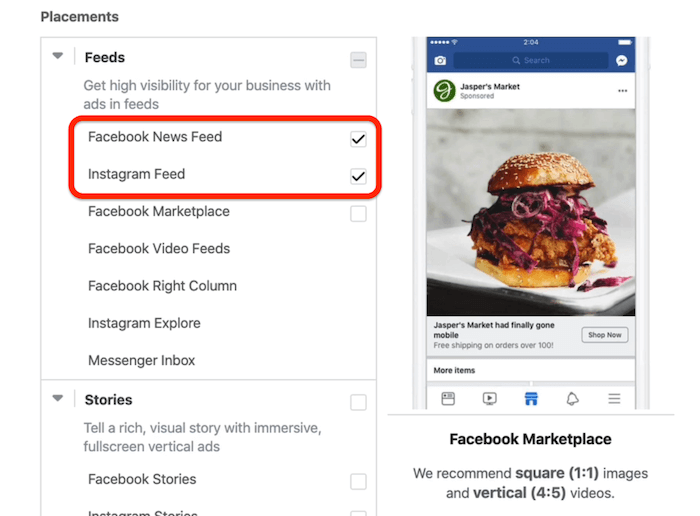 Umístění zpráv Facebook News a Instagram Feed vybrané na úrovni sady reklam ve Správci reklam Facebook