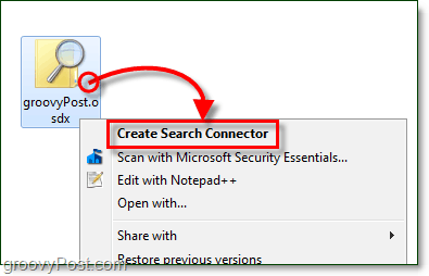 klikněte pravým tlačítkem myši na plochu a poté klikněte na soubor osdx, který je vyhledávacím konektorem, a poté klikněte na vytvořit vyhledávací konektor pro Windows 7