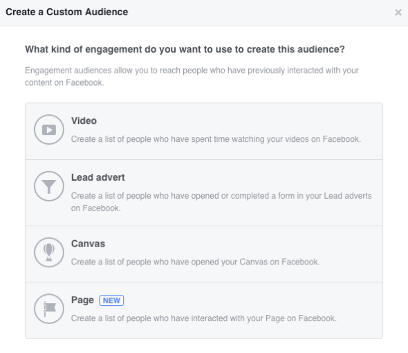 Facebook vám umožňuje vytvořit čtyři vlastní publika založené na zapojení.
