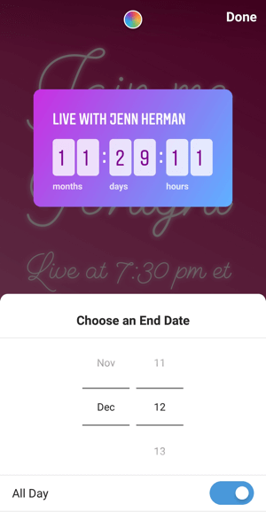 Jak používat nálepku Instagram Countdown pro podnikání, krok 3 datum ukončení odpočítávání.