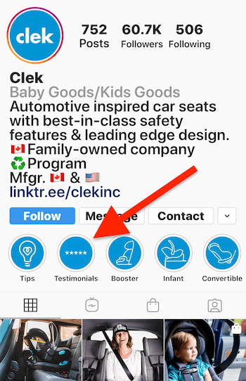 Instagram Stories zdůrazňuje album pro reference na obchodním profilu Clek
