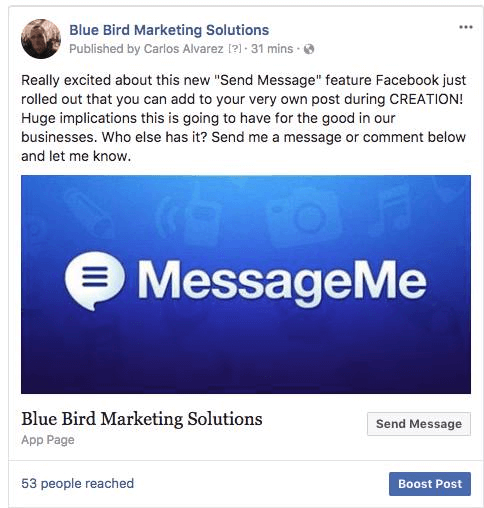 Facebook přidal možnost zahrnout do příspěvků na stránce tlačítko, které uživatelům umožňuje odpovídat přímo v Messengeri.