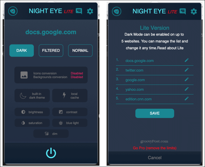 Rozšíření Night Eye v Safari