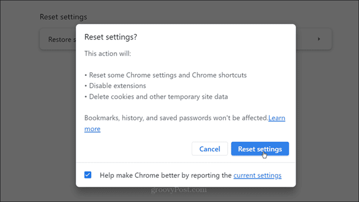Potvrzení resetování nastavení Chrome