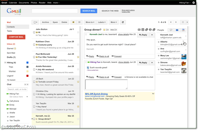 Labs Gmailu: Nová podokno pro čtení, stejně jako aplikace Outlook