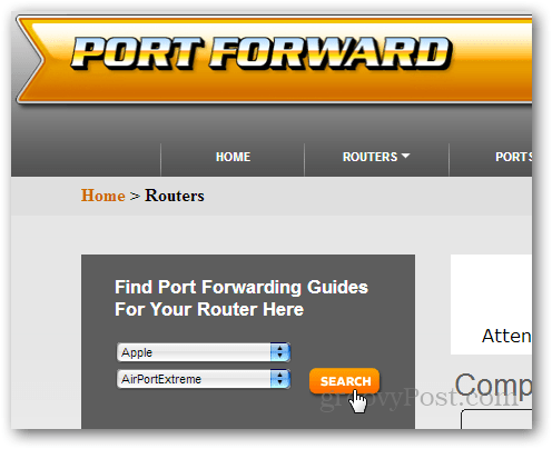 nalezení průvodce routerem na portforward.com
