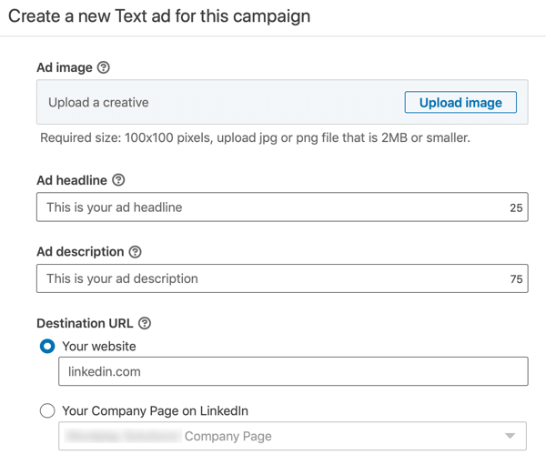 Jak vytvořit textovou reklamu LinkedIn, krok 12, nastavení textu reklamy