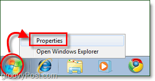 spusťte vlastnosti nabídky v systému Windows 7