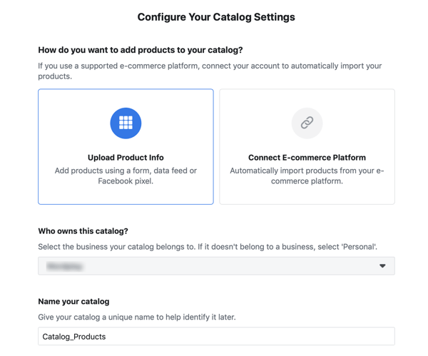 Pomocí nástroje pro nastavení událostí na Facebooku, krok 20, možnosti nabídky vyplňte svůj katalog reklam na Facebooku