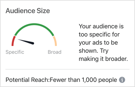 Zpráva o velikosti publika na Facebooku: Vaše publikum je příliš specifické na to, aby se mohly zobrazit vaše reklamy.