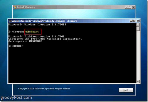 Windows 7 Native VHD Nainstalujte Dual Boot Launch Diskpart 6.1.7048 z CMD výzvy k vytvoření VHD souboru